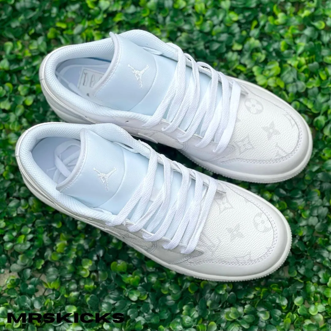 Custom White Lv Jordan 1 Low Stone Gray World Step