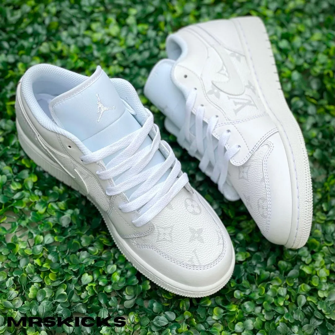 Custom White Lv Jordan 1 Low Freeze Grip Cushioned