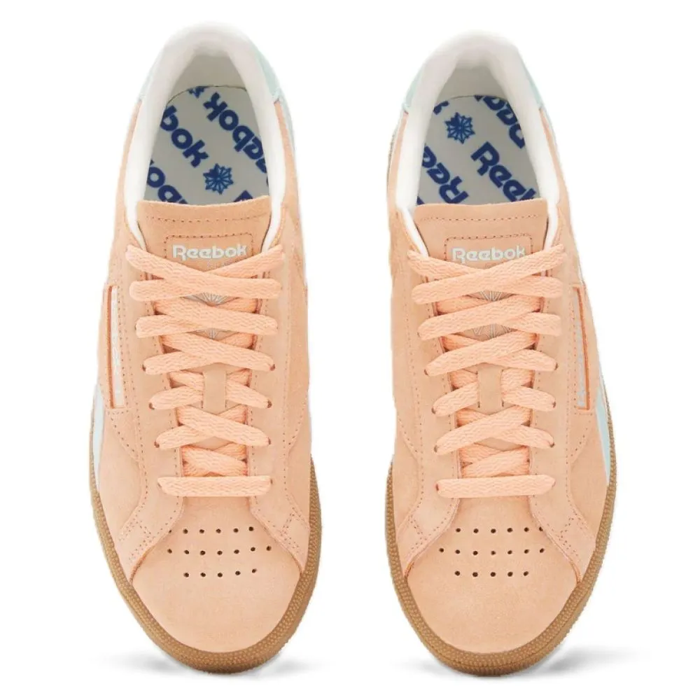 Reebok Women's Club C Grounds UK in Sun Kissed Orange/Glitch Aqua/Chalk White Mesh Cool Rubber Sole