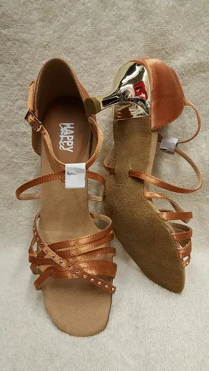 TPU Stability Balance Fit 2.5" Scarlett -- Flare Heel Latin Sandal -- Tan Satin/Gold Heel