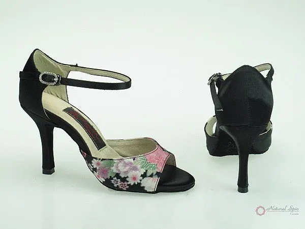 3.5" Angeline -- Stiletto Heel Latin Sandal -- Black Satin/Bohemia Color Flower Satin Soul Walk Step Tall