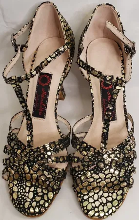 3" Ramona -- Flare Heel Latin Sandal -- Black/Gold Wind Safe