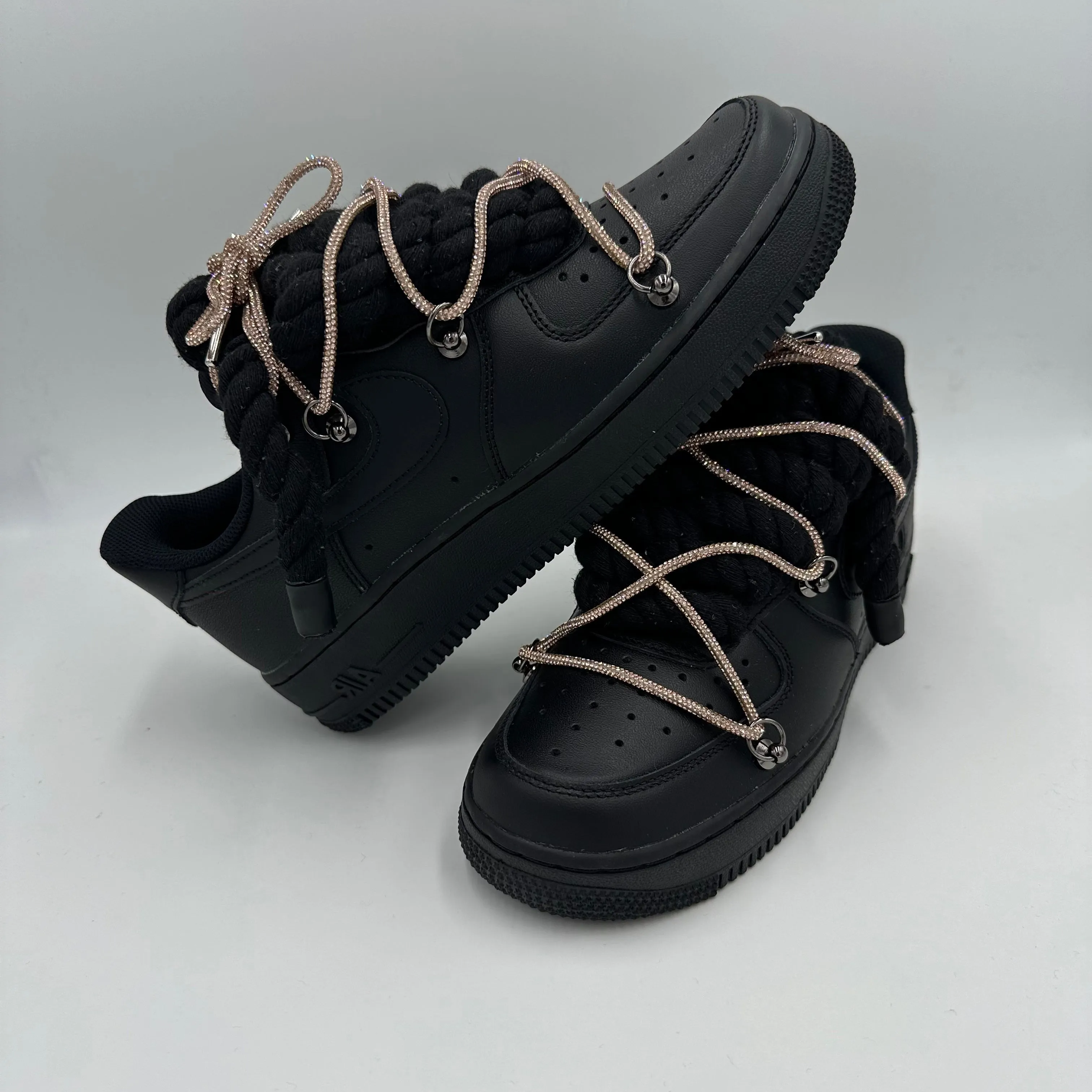 Nike Air Force 1 Black "Rope Laces Black" Triple Crystal Gold Queen Fit