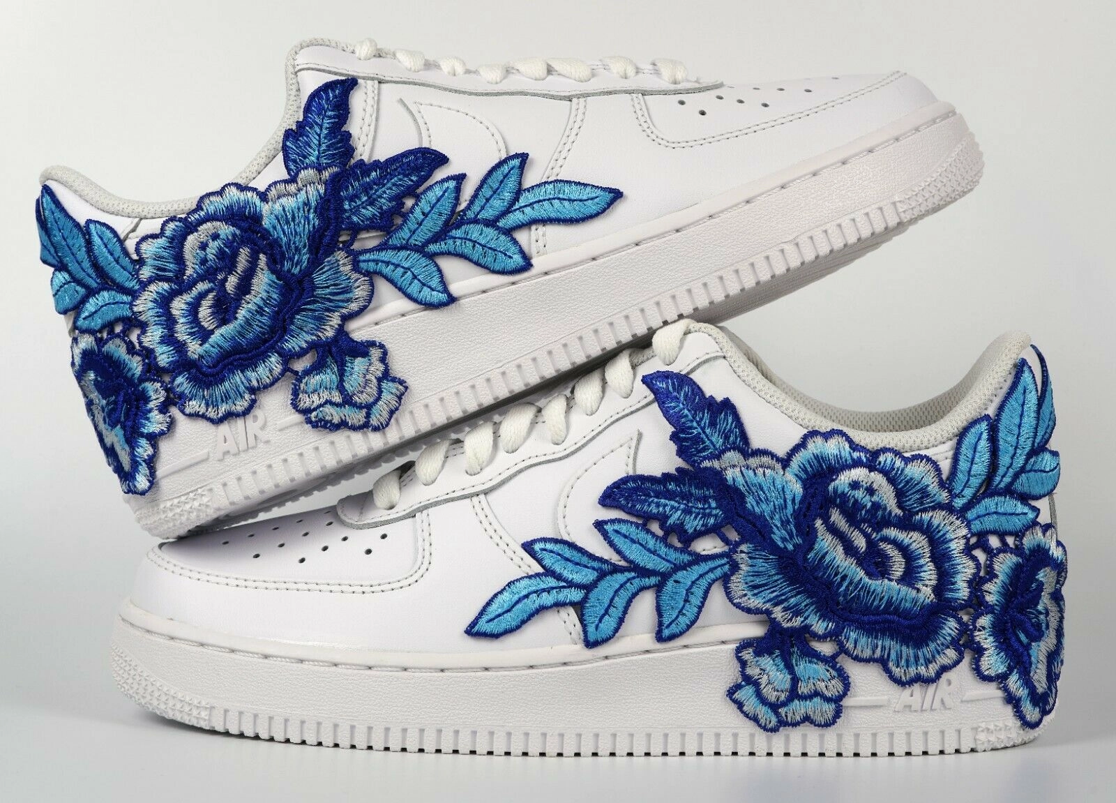 Queen Touch Night Out Air Force 1 Custom Blue Rose Short Flower Floral White Low Shoes Mens Womens & Kids ?? AF1 Sneakers