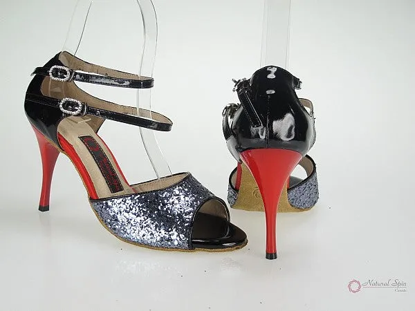 Harbor Mood photo shoot 3.5" Bonnie -- Ultra Slim Heel  Latin Sandal -- Black Patent/Gun Metal Glitter with Red Heel