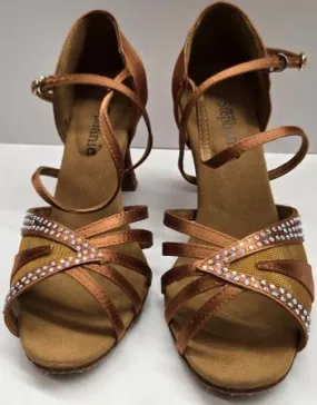 Photo Glam 2.5" Cindy -- Women's Flare Heel Latin Sandal -- Dark Tan Satin