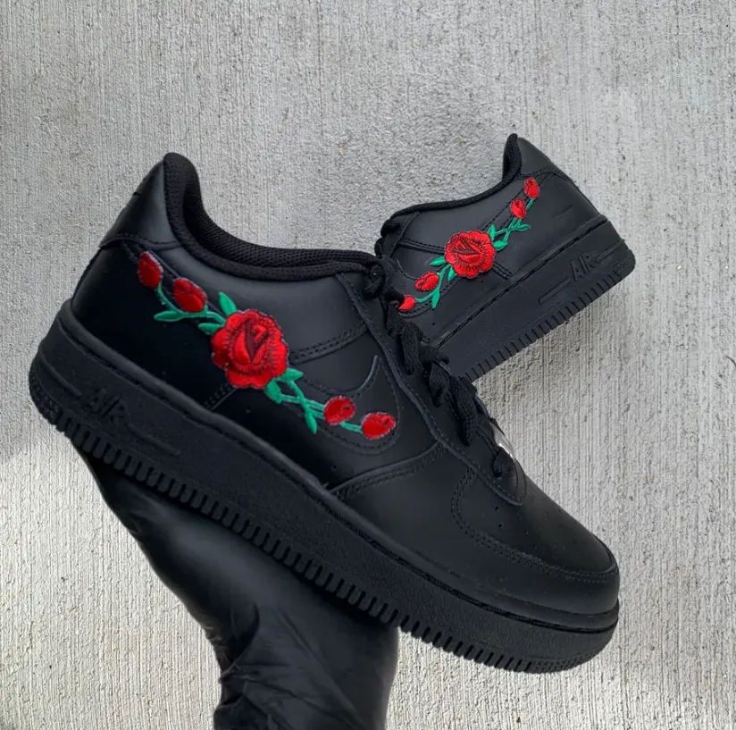 Air Force 1 Custom Shoes Black Rose Red Flower Floral Low Men Women Kids AF1 Sneakers Game Ready