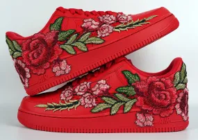 Slip On Style Air Force 1 Custom Triple Red Rose Shoes Long Flower Floral Casual Low Mens Womens Kids All Sizes AF1 Sneakers