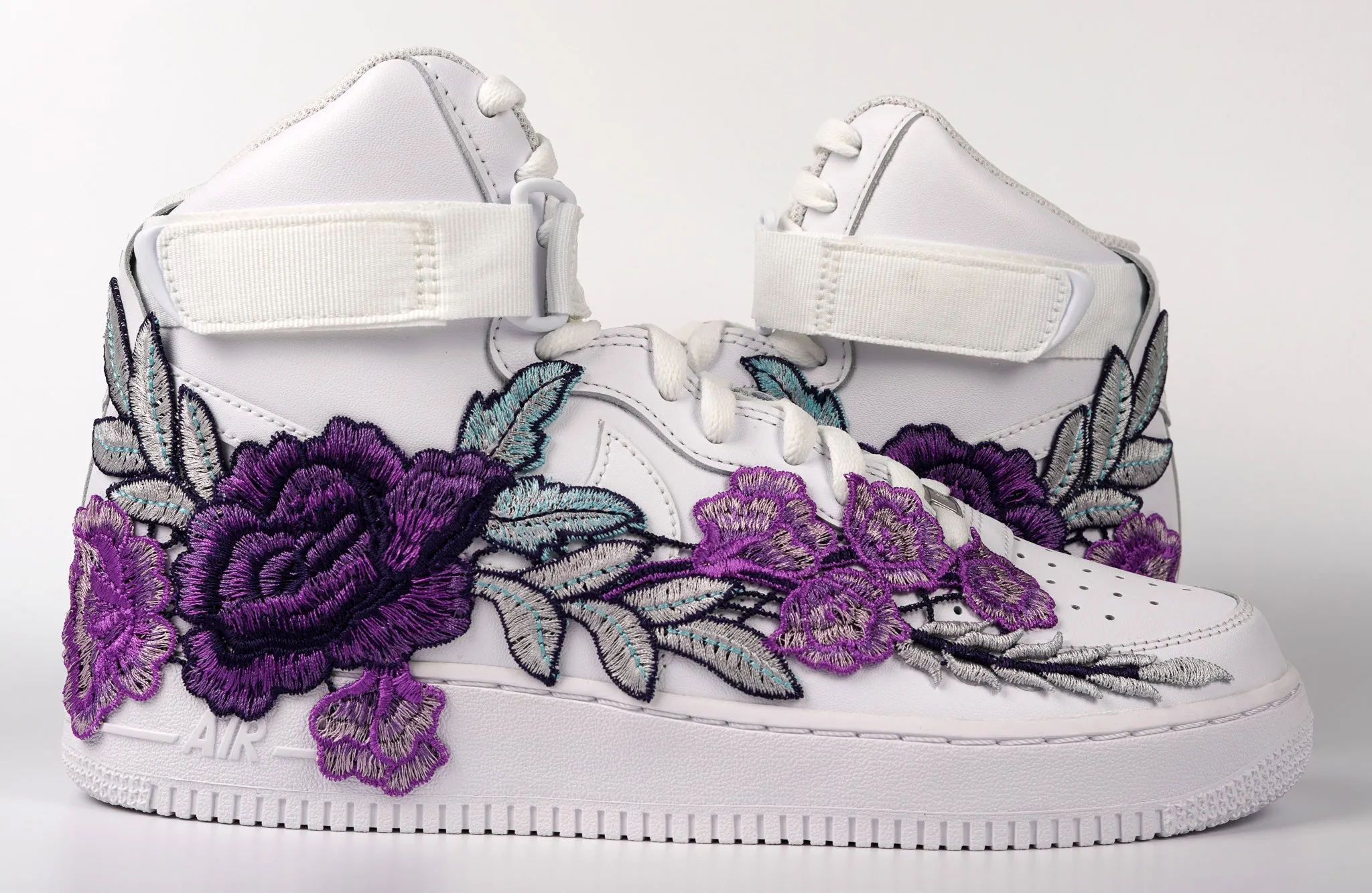 Power Grip Air Force 1 Custom Shoes High Purple Rose Flower Floral White Men Women Kids All Sizes AF1 Sneakers