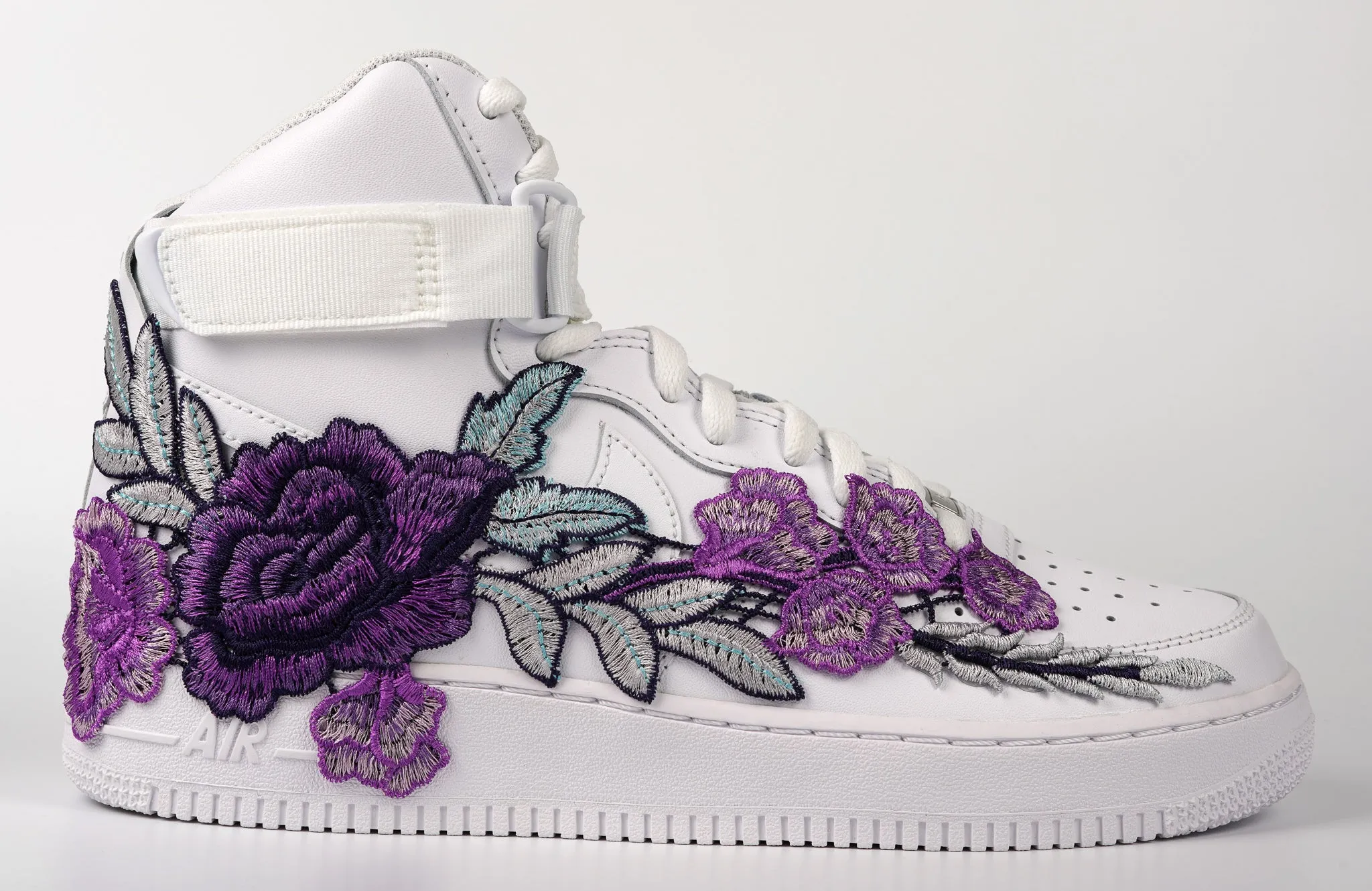 Air Force 1 Custom Shoes High Purple Rose Flower Floral White Men Women Kids All Sizes AF1 Sneakers Peak Mode Lace Tie