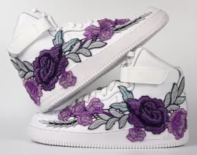 Air Force 1 Custom Shoes High Purple Rose Flower Floral White Men Women Kids All Sizes AF1 Sneakers Deep Grip Soft Move