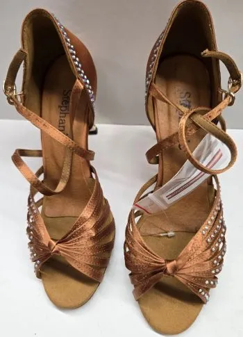 3.5" Aurora -- Women's Gold Flare Heel Latin Sandal -- Dark Tan Satin Durable Material World Step