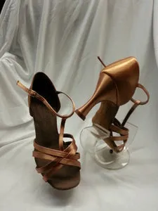 3" Carmen -- Flare Heel Latin Sandal -- Tan Satin Easy Flow Bounce Edge