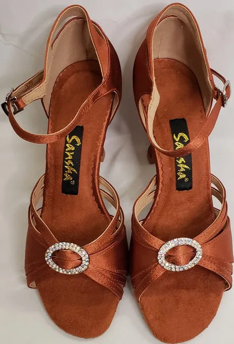 3" Margarita -- Flare Heel Latin Sandal -- Dark Tan Satin Teen Edge Field Walk