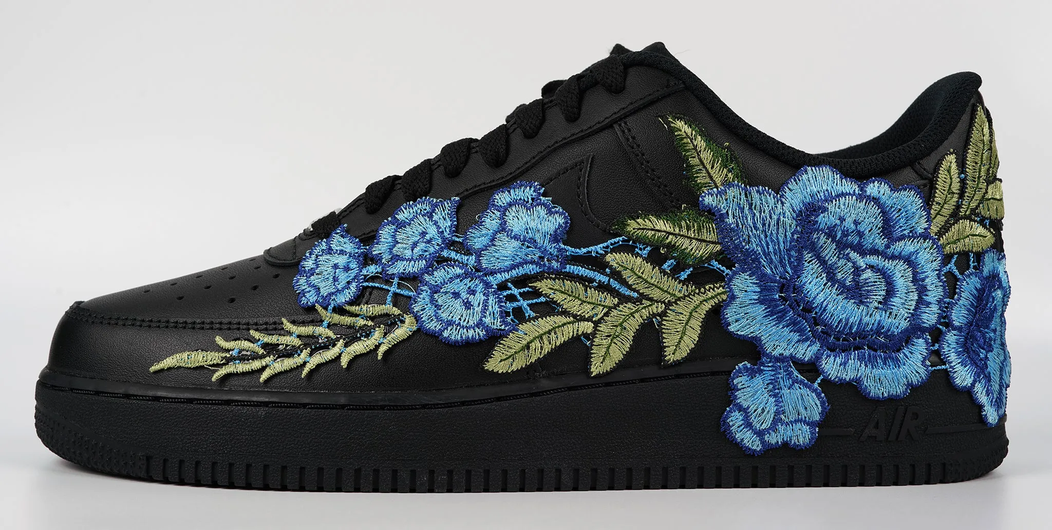 Shockproof Early Jog Air Force 1 Custom Rose Blue Black Shoes Low Long Flower Floral Design Men Women & Kids All Sizes AF1 Sneakers