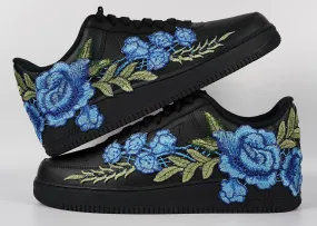 Air Force 1 Custom Rose Blue Black Shoes Low Long Flower Floral Design Men Women & Kids All Sizes AF1 Sneakers Wardrobe Base