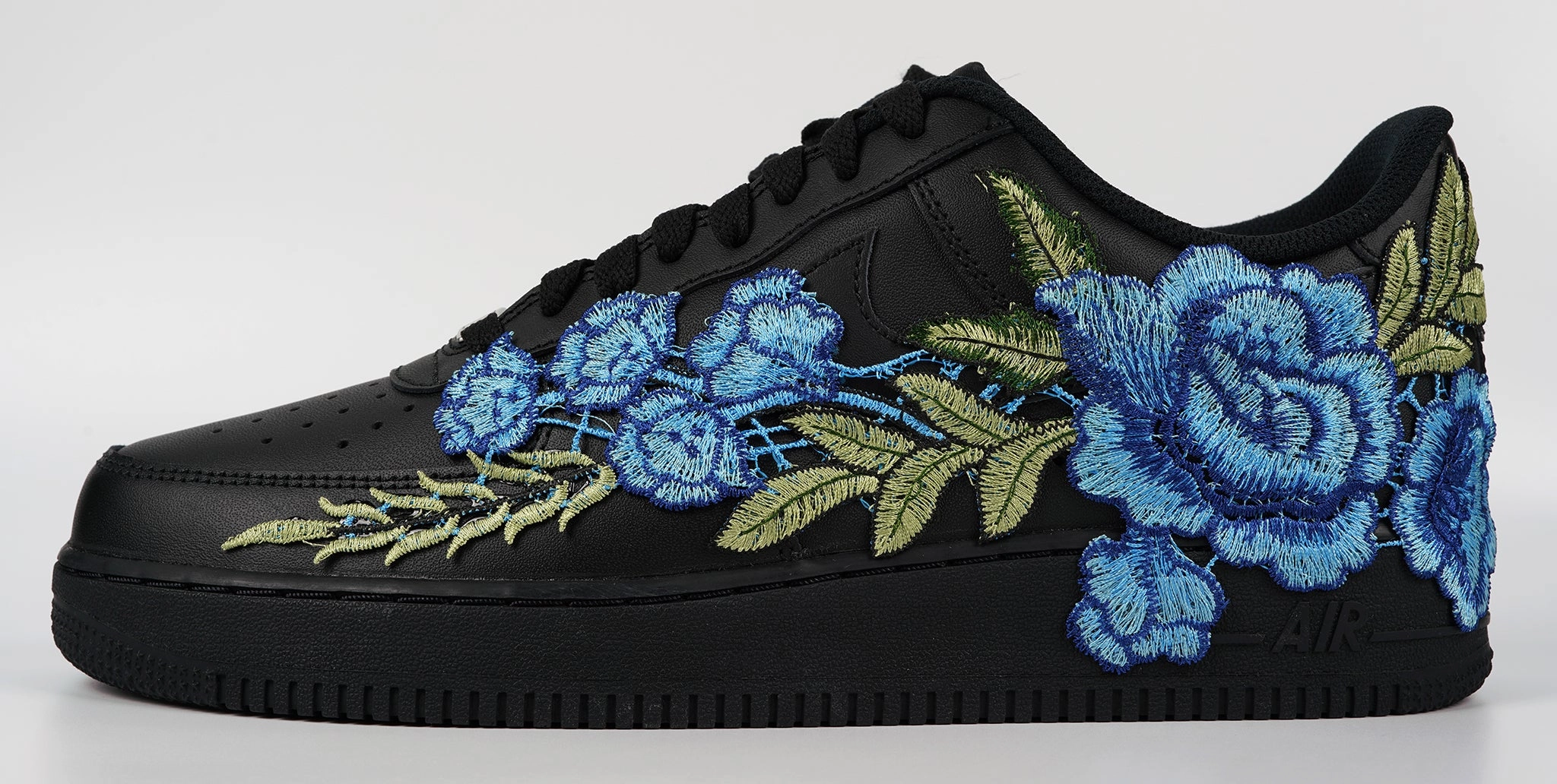 Shockproof Early Jog Air Force 1 Custom Rose Blue Black Shoes Low Long Flower Floral Design Men Women & Kids All Sizes AF1 Sneakers