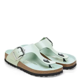 Weatherproof Birkenstock Women's Gizeh Big Buckle Natural Leather Patent in High-Shine Surf Green Mono Tone Elastic Band