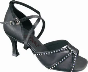 2.5" Gia -- Flare Heel Latin Sandal -- Black Satin Slip Resistant Long Move