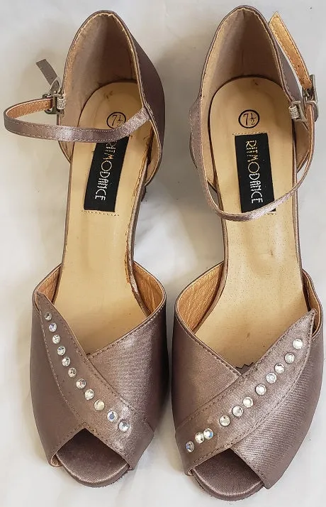 2.38" Anara - Closed Back/Open Toe Ballroom Shoe - Bronze Satin King Strong Buckle Fit